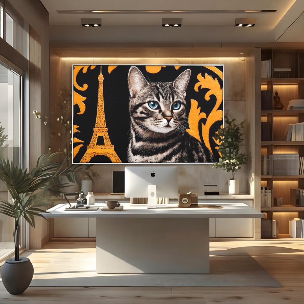 Tablou canvas cu tablou canvas cu pisica si turnul eiffel, in rama de aluminiu argintiu, pe perete intr-un birou